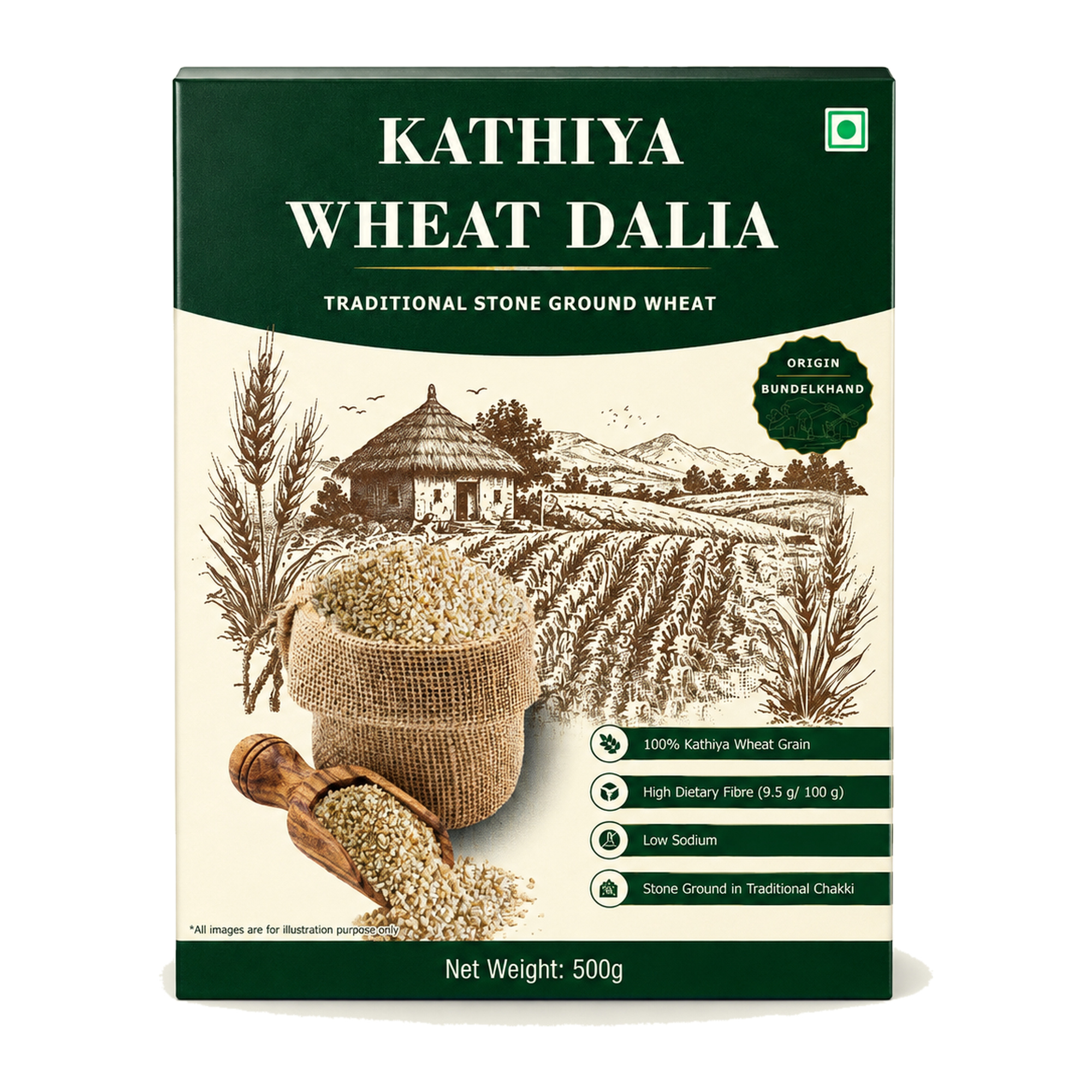 Bundel Dhara Kathiya Wheat Dalia, 500 g pack, with a burlap sack and wooden scoop of the cracked wheat grain